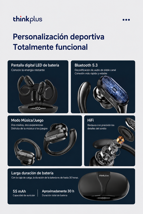 Auriculares Inalámbricos Lenovo XT80 – Bluetooth 5.3 Deportivos con Micrófono